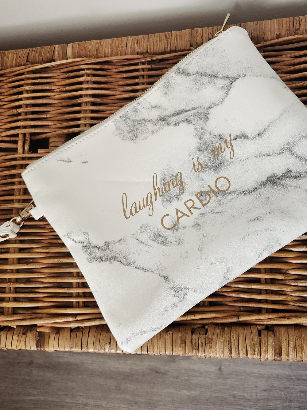 Laughing Is My Cardio Marble Zip Pouch - White/Gray